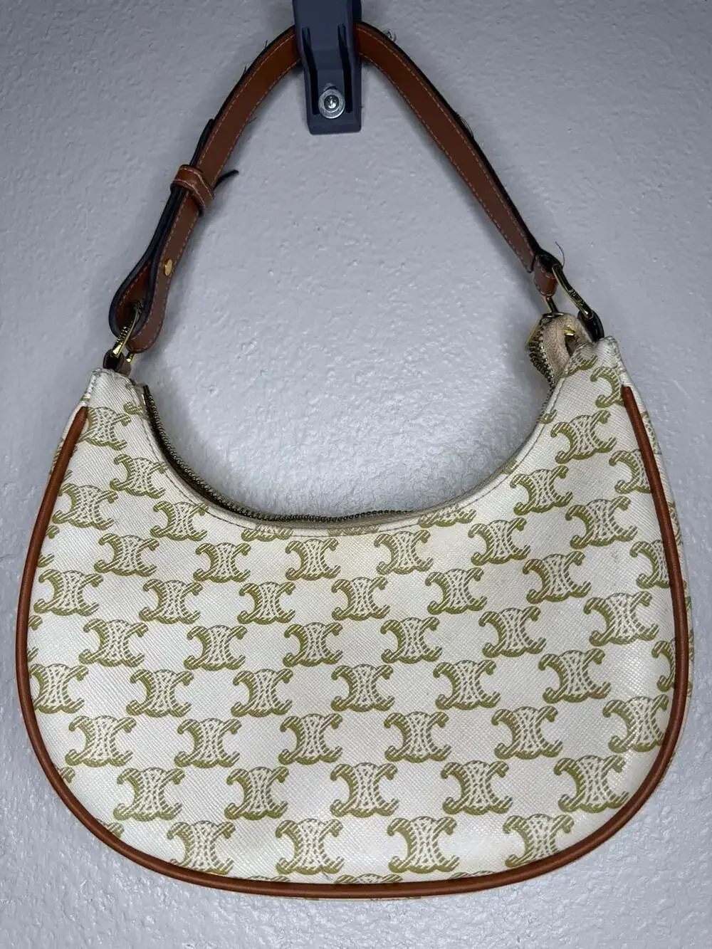 Celine Ava Triomphe Shoulder Bag White Coated Canvas with Tan Leather Trim